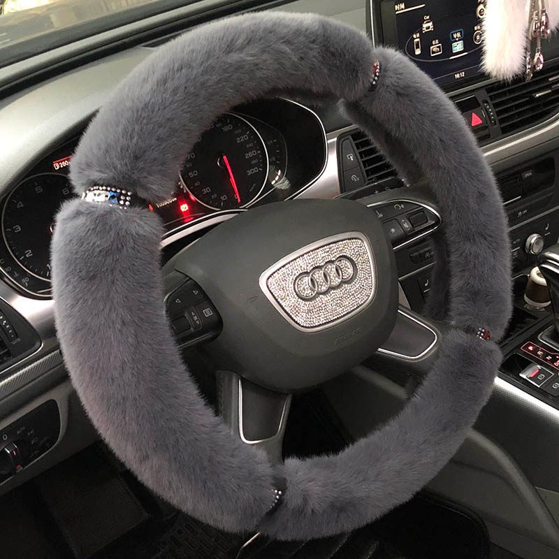Car Steering Wheel Cover Winter Plush Female Korean Cute Universal Fashion Pink Gray Black Diamond-Studded Handlebar Cover