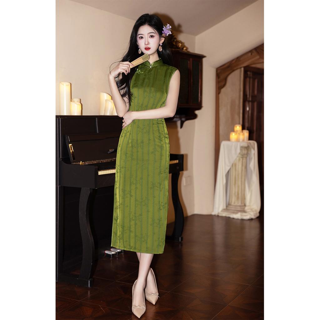 Green Sleeveless National Style New Chinese Long Waist Pinch Improved Cheongsam 1011 Young Women's Premium Summer