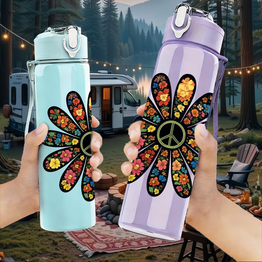 1PC Colorful Mandala Flower 750ml Color Plastic Sports Water Bottle Leakproof Flip Straw Lid Suitable for Sports Office Home Use