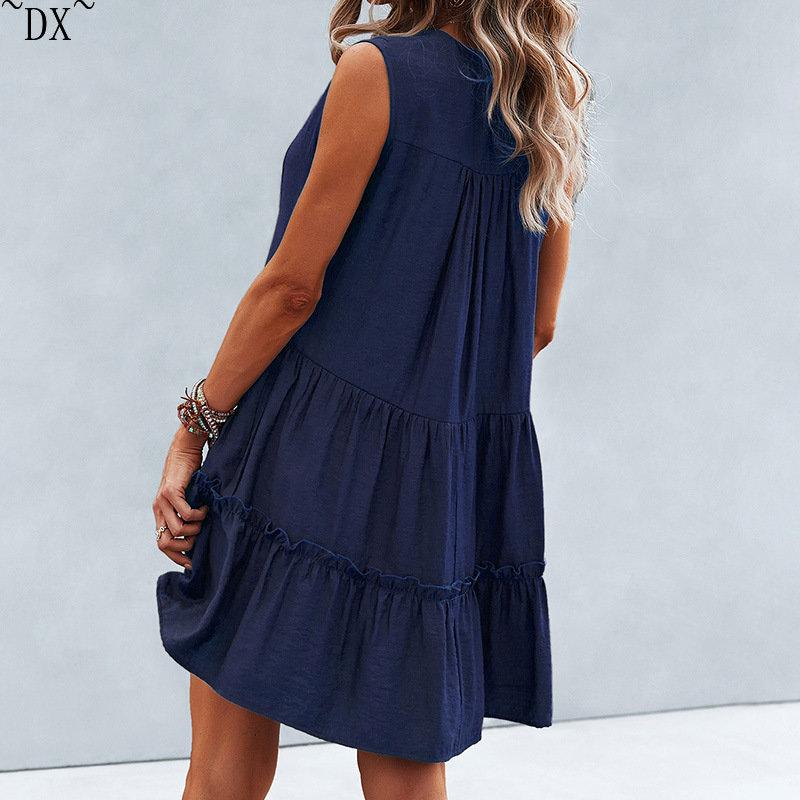 DX~~2023 Summer Europe and America V-neck Sexy Solid Color Dress Irregular Splice Sleeveless Commuter Big Swing Dress Women