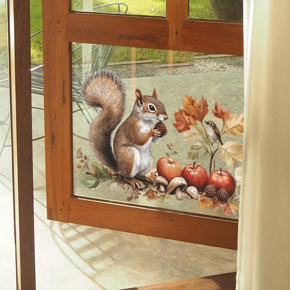 Cartoon Squirrels Fruits and Vegetables Balcony Glass Windows Home Background Beautification Window Stickers