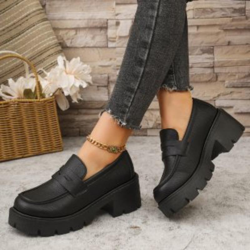 New Thick-soled Leather Shoes, One-foot Thick-heeled Shoes, Round-toed Mid-heeled Women's Shoes
