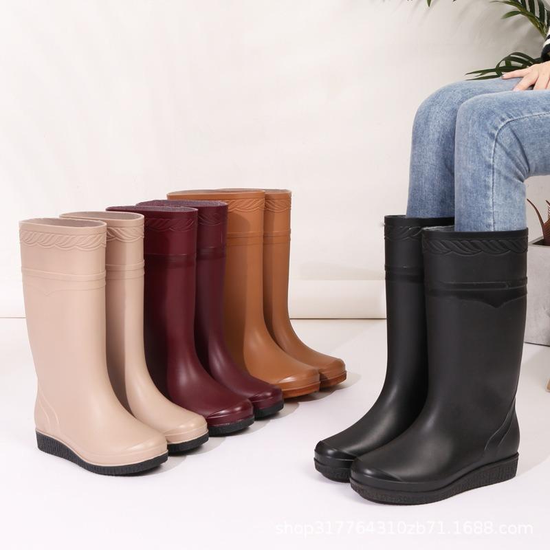 Fashion long rain shoes extra high rain boots women's velvet cotton flat-bottomed water shoes women's non-slip rubber shoes water boots matte