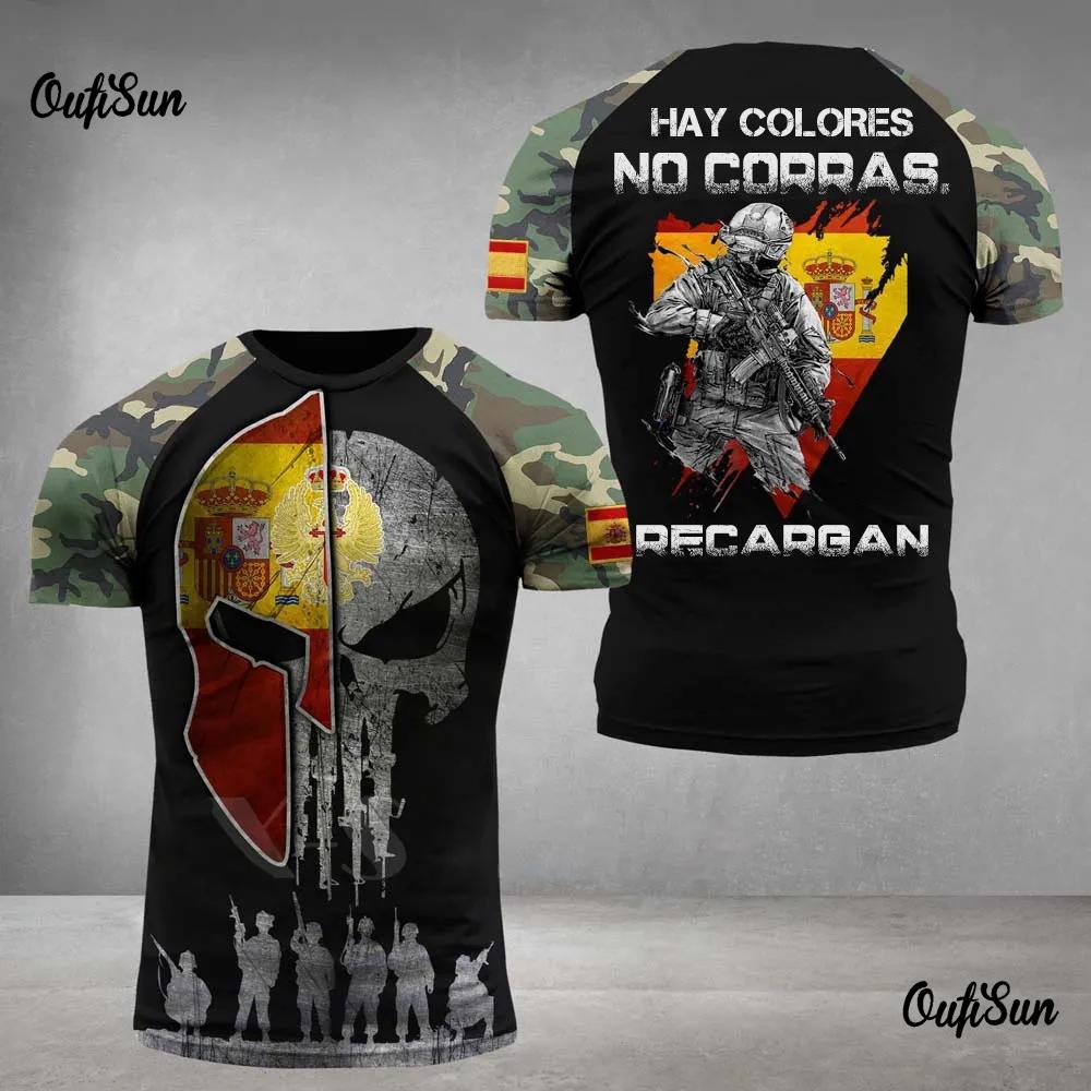 Pánské tričko s grafikou španělské vlajky, armádní ležérní trička s krátkým rukávem, pánské lovecké tričko, top pro španělské veterány, maskáčové oblečení Xl