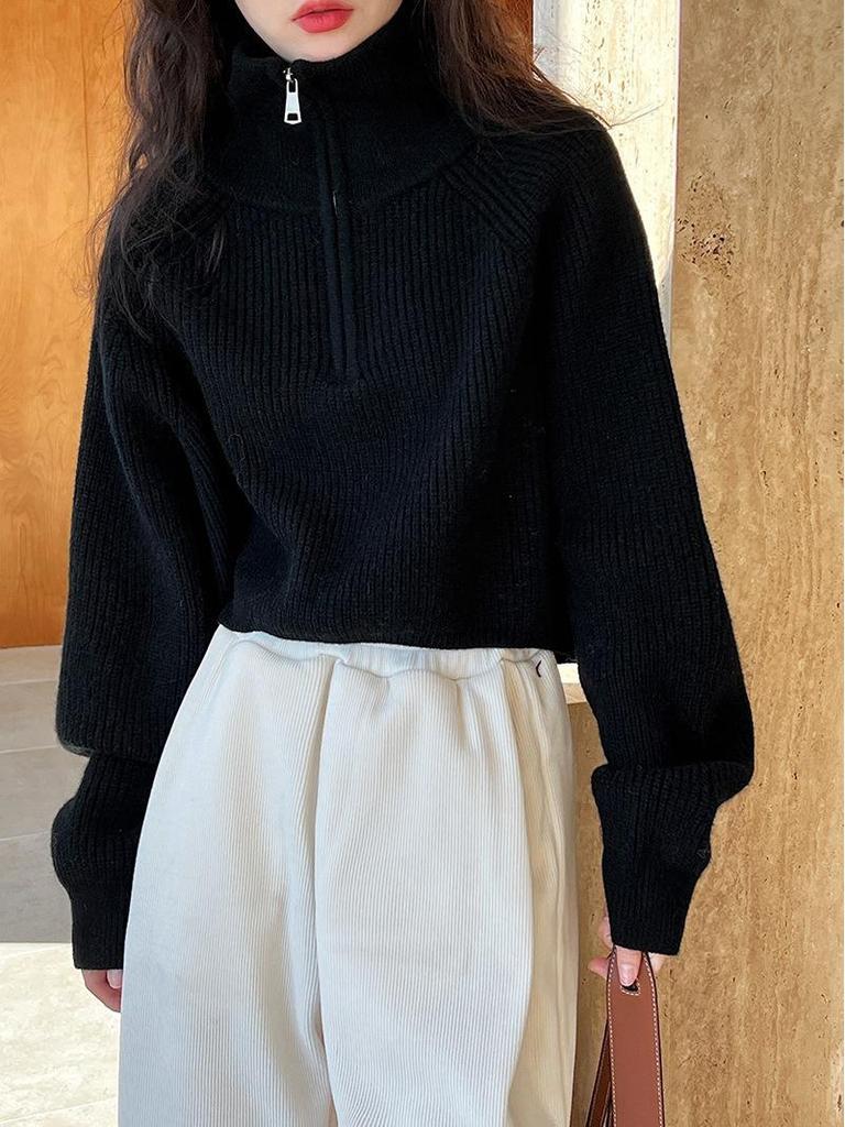 2025 Autumn/Winter Half-Zip High Neck Loose Knit Cardigan Sweater