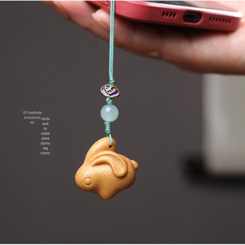 Sandalwood Zodiac Rabbit Phone Charm and Bag Pendant - Cute Cartoon Droopy-Eared Rabbit Accessory