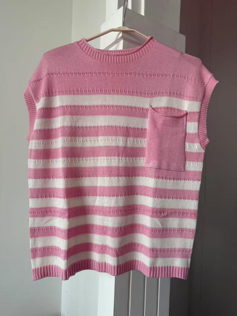 Women's Three‑Quarter Sleeve Knit Top Crew Neck Vintage Striped Pullover Sweater