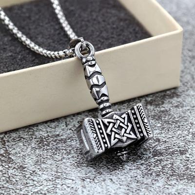 Vintage Mens Stainless Steel Thor Hammer Pendant Necklace Slavic Viking Jewelry
