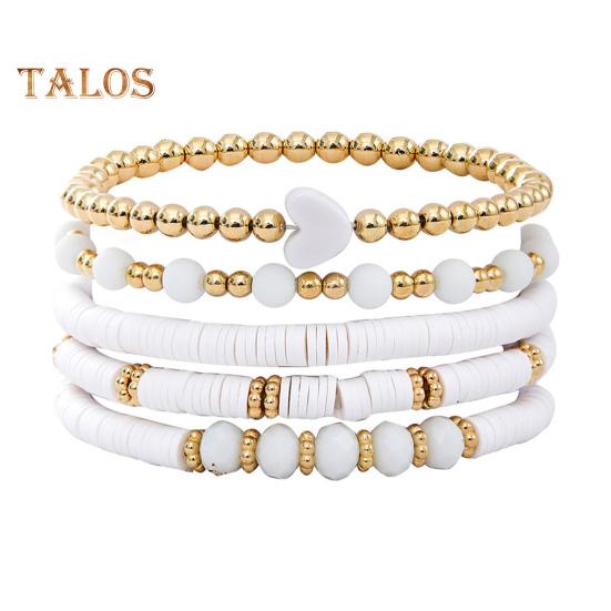 5 Pcs Bohemian Bracelets Polymer Clay Multi-layer Stacking Heart Beads Contrast Color Jewelry for Beach Work Party Vacation