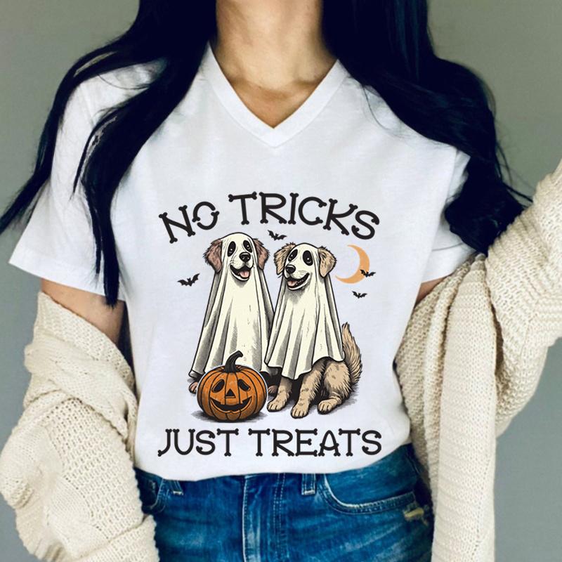 No Tricks Just Treats Graphic T Shirts Women Dog Lovers Gifts Halloween Ghost TShirt Vintage Pumpkin Halloween Ghost Tshirts S
