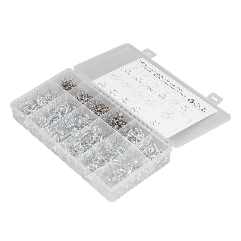 250PCS Double Wire Irrigation Hose Clamp Blue White Zinc Corrosion Resistance Hose Tube Spring Clips with Storage Box