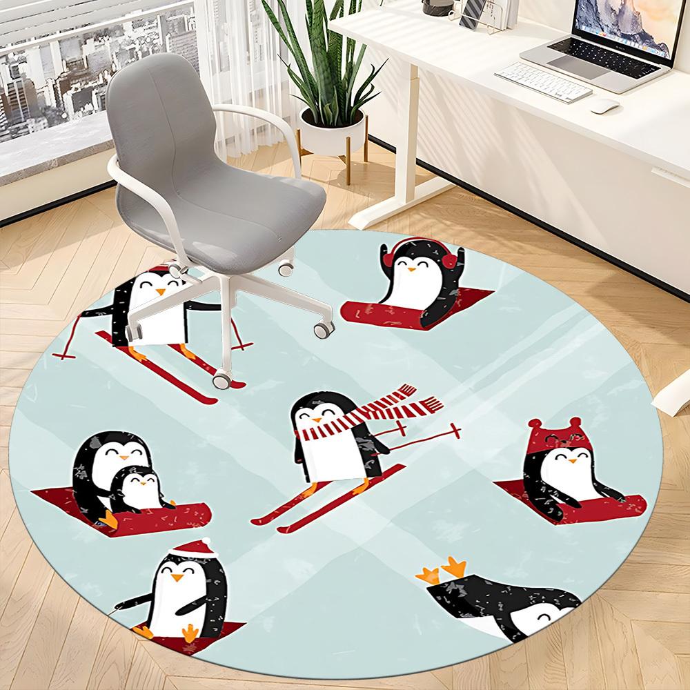 1PC Penguin Winter Office Round Area Rug, Mat Suitable For Office, Under Office Chairs Bedroom Living Room Home Decor, Room Deco