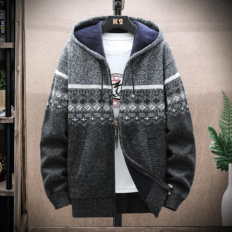 Autumn Korean Hooded Men's Thick Sweaters with Velvet Men's Cardigan Knitted Sweatercoats Patchwork Jacket