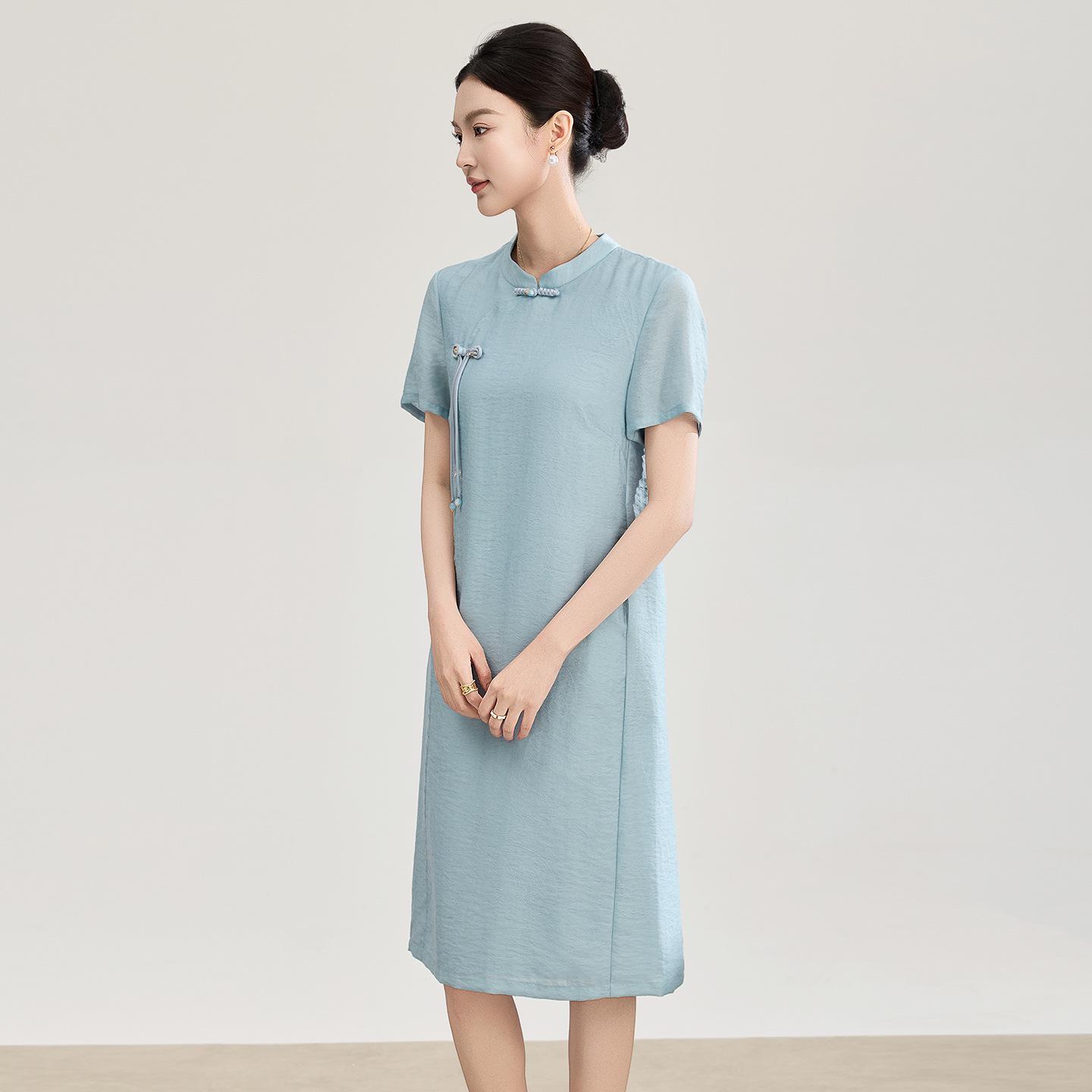 

Elegant New Chinese Style Stand-up Collar Tencel Jacquard Short-sleeved Dress, Republic of China, Spring-Summer Collection. Large синій