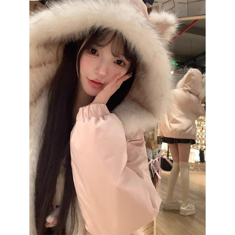 Kawaii Y2K Jacket Winter Fur Collar Sweet Hooded Women Thick Jacket Casual Tops Zipper Loose Hooded Coat Clothes