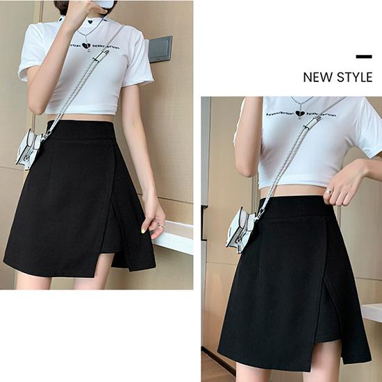 Polodlouhá sukně skládaná sukně, letní dámská sukně v áčkovém střihu, štíhlá a mírně baculatá, rozdělená krátká sukně, velký pas s vysokým pasem, černé zabalené hýždě