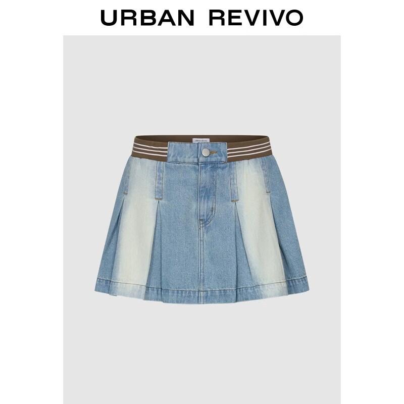 UR 2026 Summer Urban Color-Block Washed Pleated Denim Skirt L