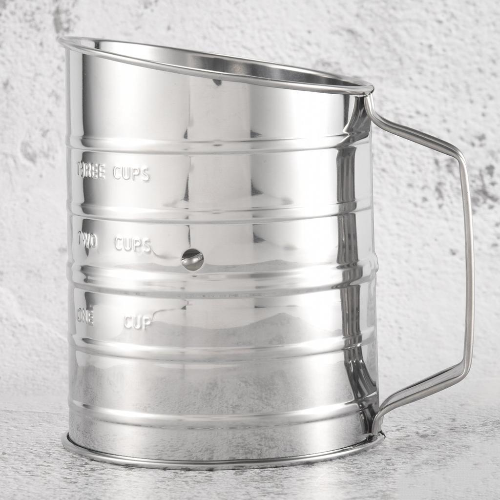 A84E-3 Cup Stainless Steel Flour Sifter - Fine Mesh Rotary Hand Crank Flour Sifter With Agitator Wire Loop For Baking Cakes