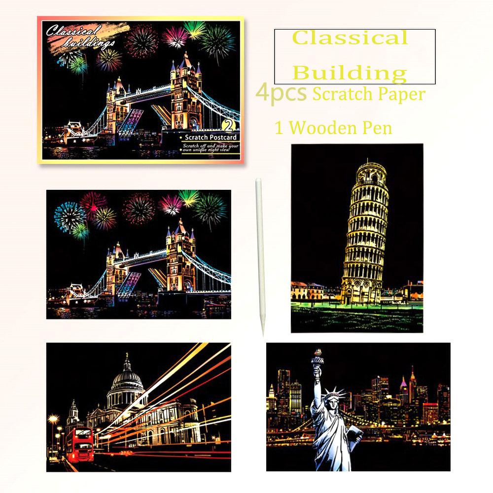 20*14cm DIY Night Scene Painting Scratch Colorful Drawing World Attractions Series For Child Adult Decompression Gift Home Decor
