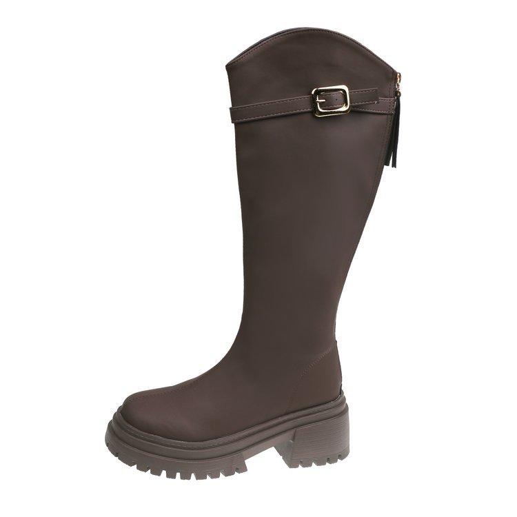 

Сапоги с V-образным вырезом 2025 осень новые универсальные сапоги до колена с ремешком и пряжкой модные и стройнящие универсальные высокие сапоги в рыцарском стиле 43 коричневый