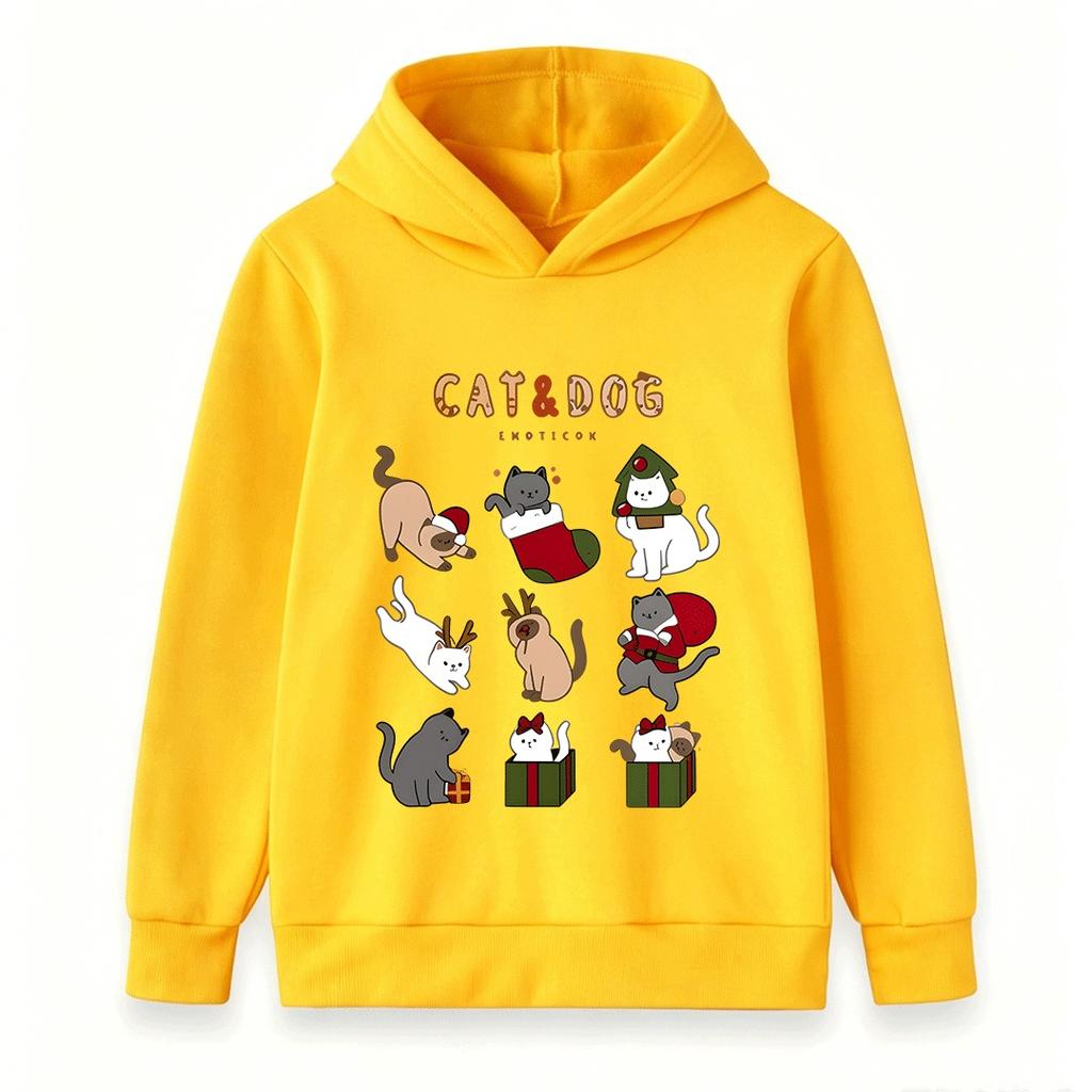 Kids Boys Girls Christmas Cat Cartoon Print Hoodie, Casual Long Sleeve Pullover Sweatshirt for Holiday Daily Wear