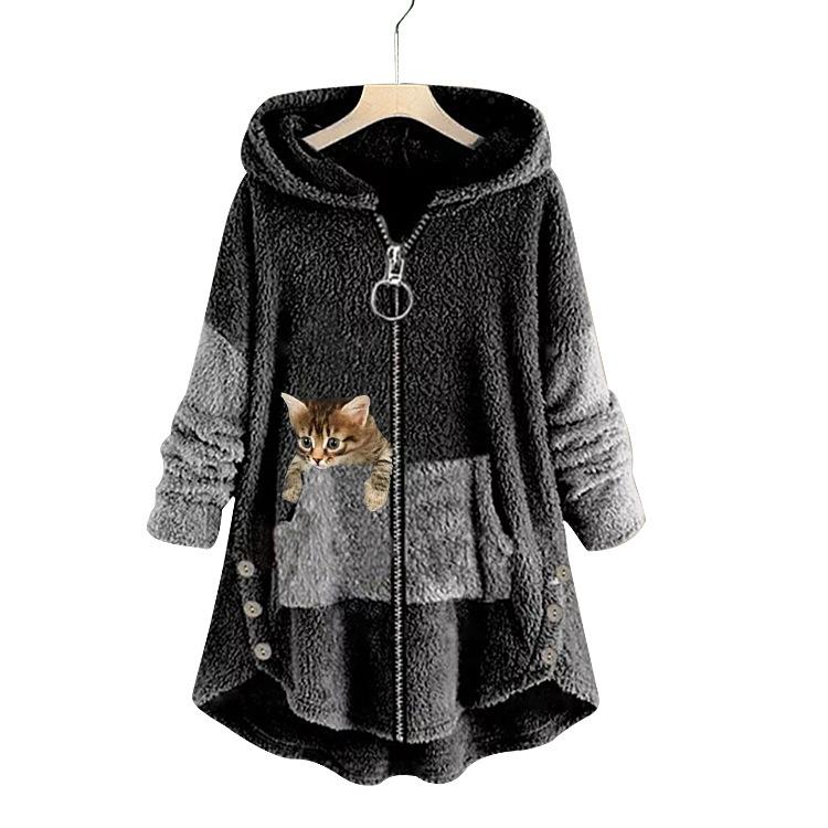 Winterwärmer Damen Langarm-Teddybär-Fleece-Reißverschlussmantel, lockere Passform, Kapuzenjacke, schlichte Oberbekleidung