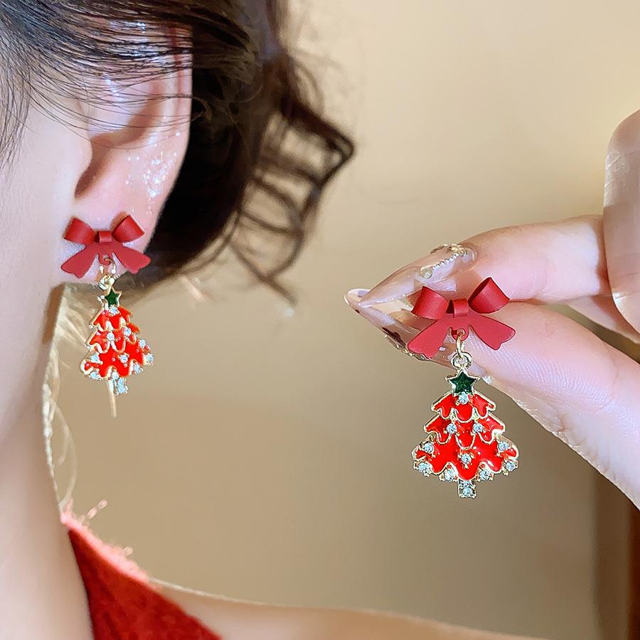 Silver Rhinestone Bow Christmas Tree Earrings: High-End, Versatile Studs