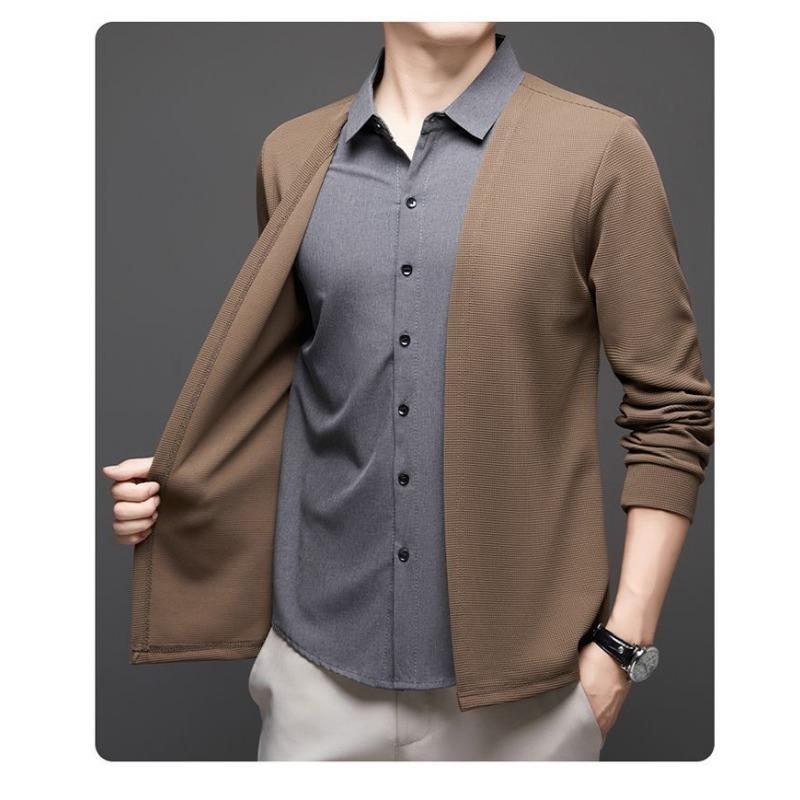 Autumn Style Micro-elastic Long-sleeved Casual Bottoming Shirt Fake Two-piece Waffle Cardigan Lapel Jacket Versatile Clothing