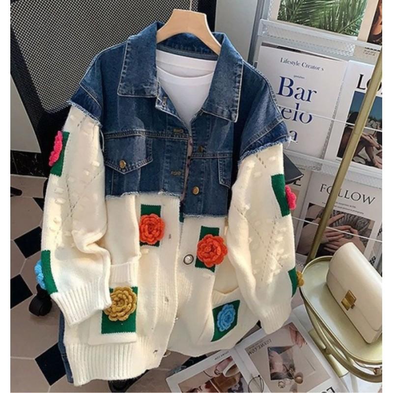 

Женская джинсовая куртка оверсайз на весну и осень, с объемными цветами, для повседневных комфортных топов в стиле темперамента 5XL