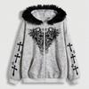 Damen Kapuzen-Reißverschluss-Sweatshirt im Gothic-Stil mit Kreuzflügel-Print, Fleecekragen, Winter-Streetwear