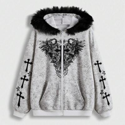 Gótikus Streetwear Rövid Kapucnis Pulóver Keresztnyomattal Műszőrme Gallérral Cipzáros Eleje Női Hip Hop Rock Stílus
