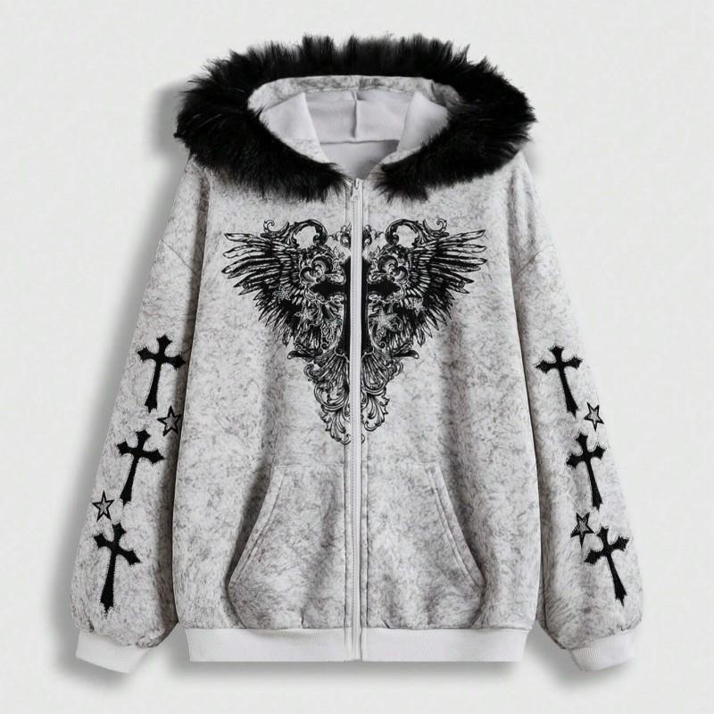 Womens Gothic Style Hooded Zip-Up Sweatshirt With Cross Wing Print Fleece Lined Collar Fall Winter Streetwear
