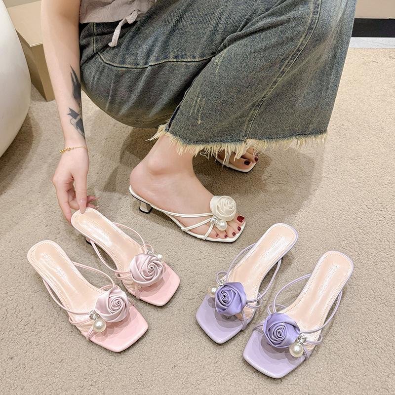 2025 new high heel flower cool slippers fairy style fashion pearl thin heel square head word with sandals