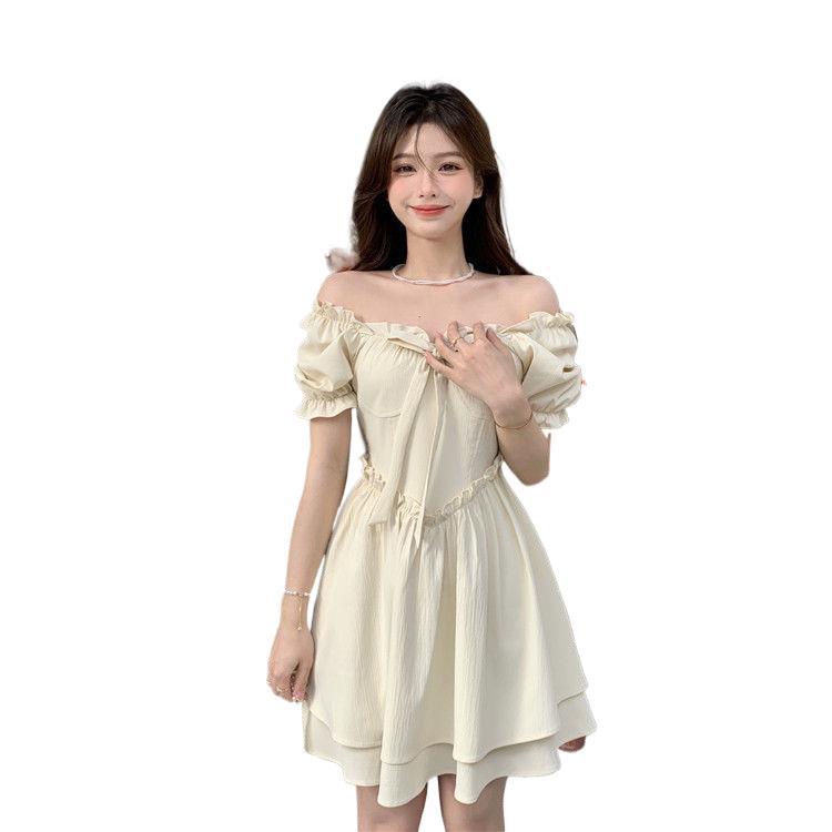 Summer Bubble Sleeve Square Neck Dress Women's New Gentle Wind Lace-up Edge Waist Short Sleeve A-Word Women's Short Skirt