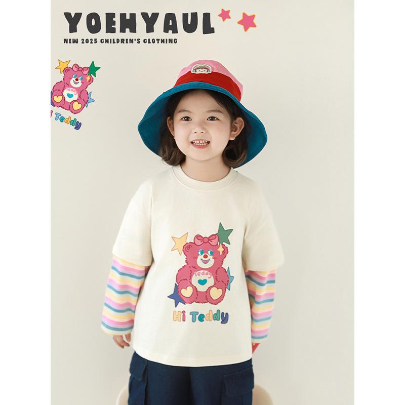 Wulibu Girls' Cartoon Print Faux Two-Piece Ribbed T-Shirt - Cute, Casual Spring 2025 Trend.