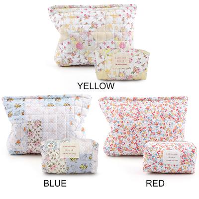 2Pcs Quilted Makeup Bag Floral Cosmetic Bag Cute Skincare Holder Bag Soft Aesthetic Zipper Pouch Padded for Women Girls