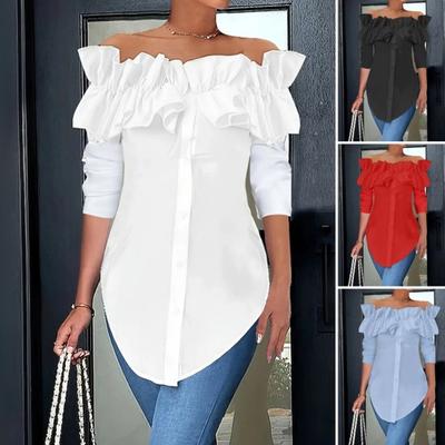 Damen-Shirt, schulterfrei, Rüschennähte, langärmelig, Oberteile, einfarbig, einreihig, lässiges Hemd