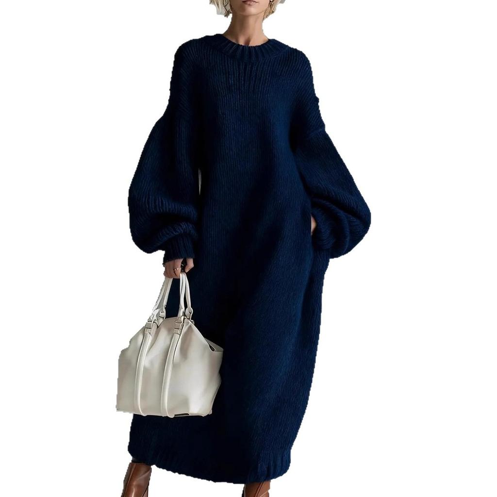 Women's Oversized Turtleneck Lantern Sleeve Long Knit Sweater Dress, Casual Knitted Dress for Crossborder Trade