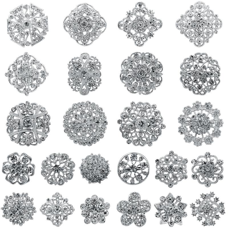 24Pcs Clear for Rhinestone Crystal Flower Brooches Pins Mixed Color for Rhinestone Crystal Flower Brooches Pins Jewelry