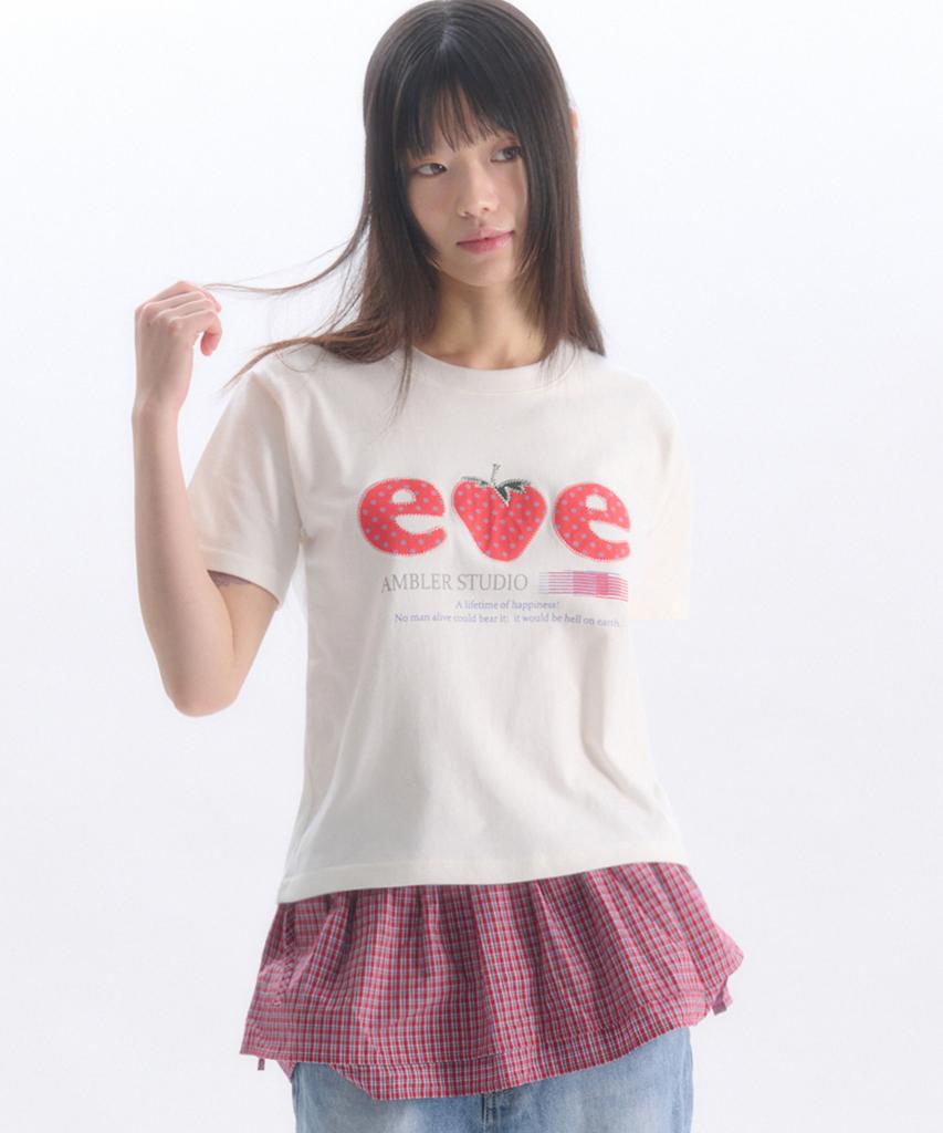 AMBLER Strawberry Applique Embroidery Short Sleeve T-Shirt As1308 (Ivory)