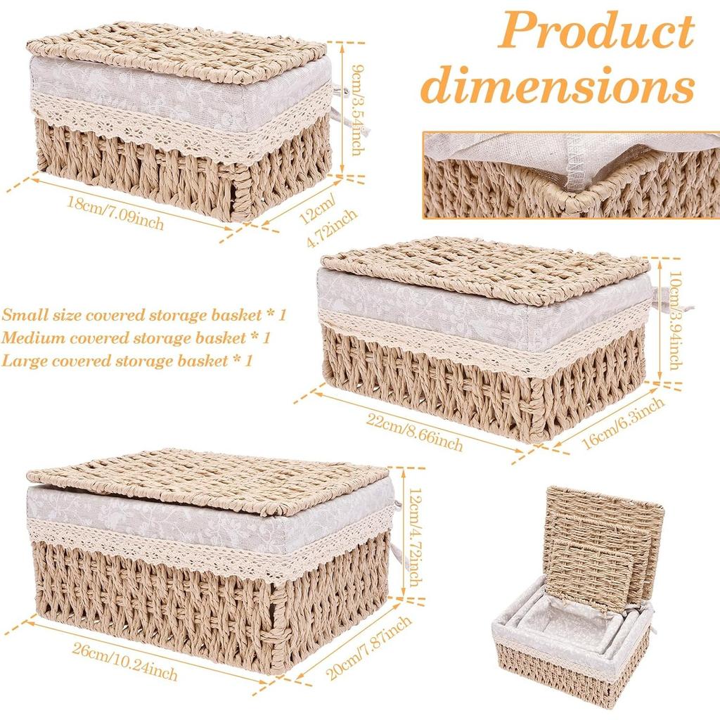 Set of 3 Woven Storage Baskets with Lids Decorative Paper Rope Wicker Baskets Nursery & Bedroom Organiser Boxes with Removable Washable Lining