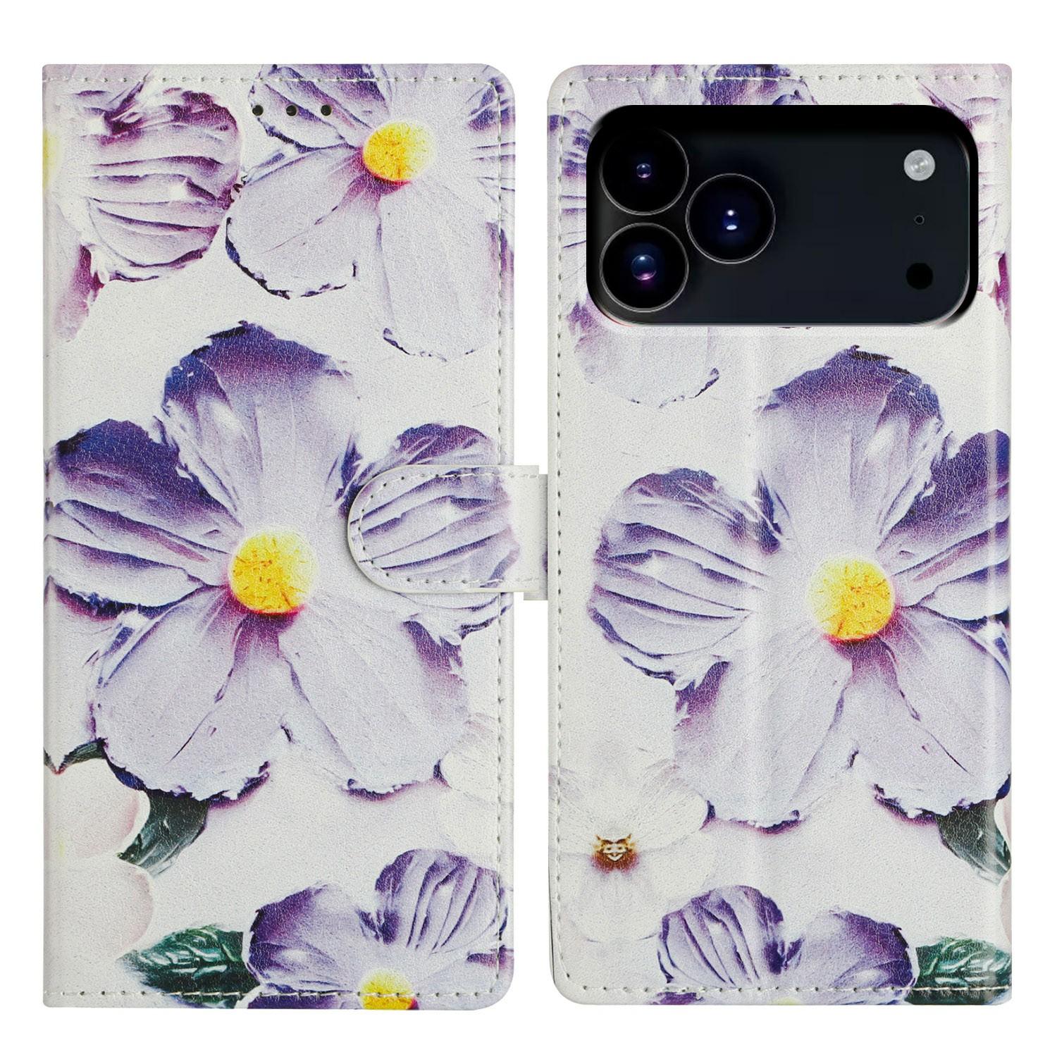 

For iPhone 17 Pro Case Pattern Printing Wallet Stand Flip Leather Phone Cover with Strap Purple Flower