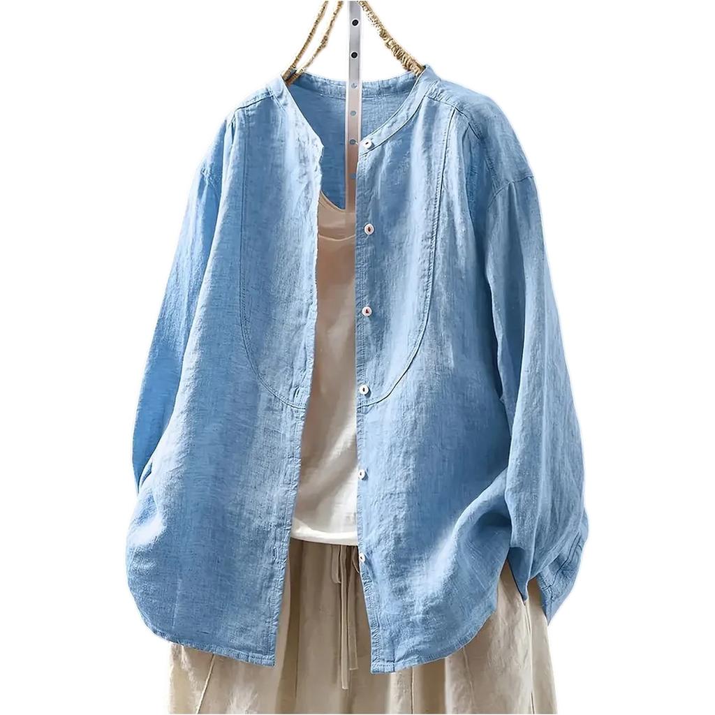 Women's ,color Cotton And Linen Long,sleeved Cardigan Shirt Top