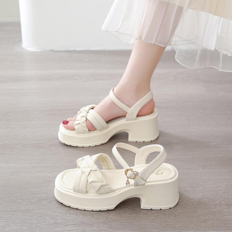 New Thick-soled Thick-heeled Female 2025 Summer Cool Shoelaces Fairy Wind Cross Wear One-button Roman Sandals Female