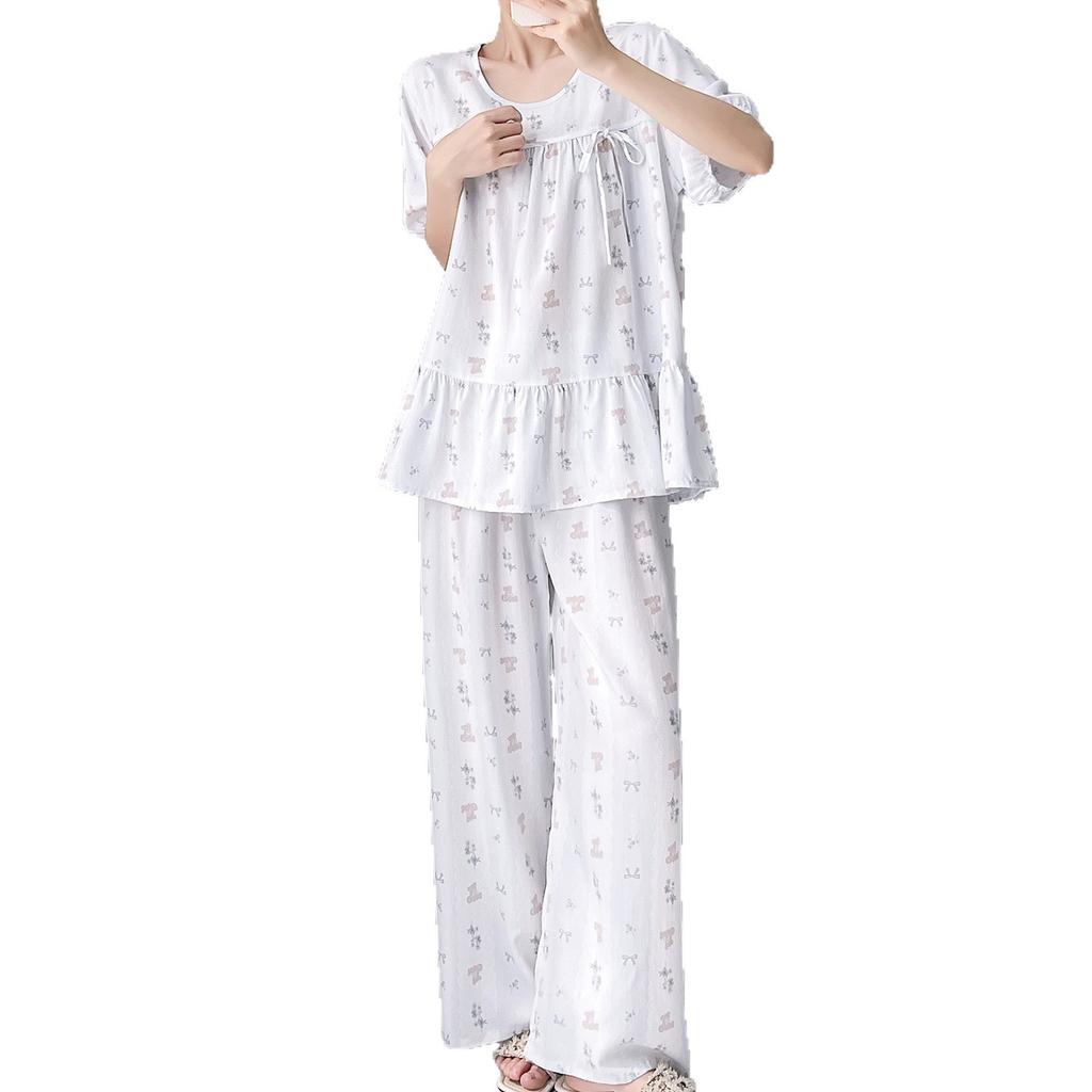 Cotton and silk pajamas women's summer 1011 new short-sleeved trousers can be worn outside the suit, sweet girl small fresh loungewear