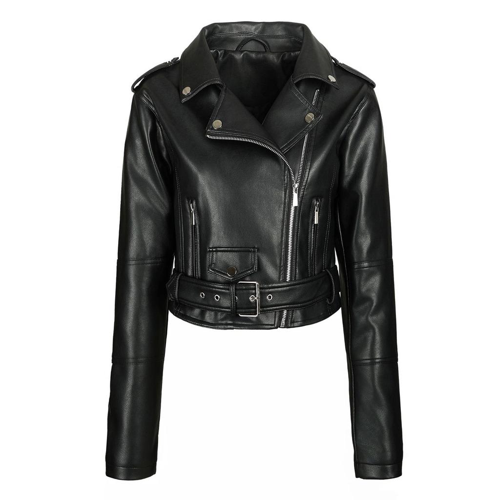 Cross-border Women's PU Jacket Short Belt Adjustable Belt Zipper Lapel Jacket Leather Jacket