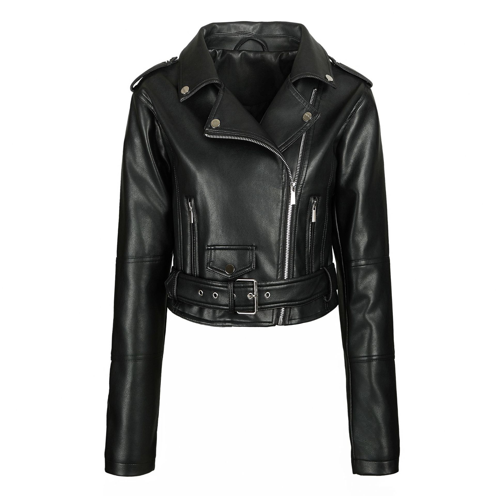 Women`s PU Leather Short Jacket, Lapel