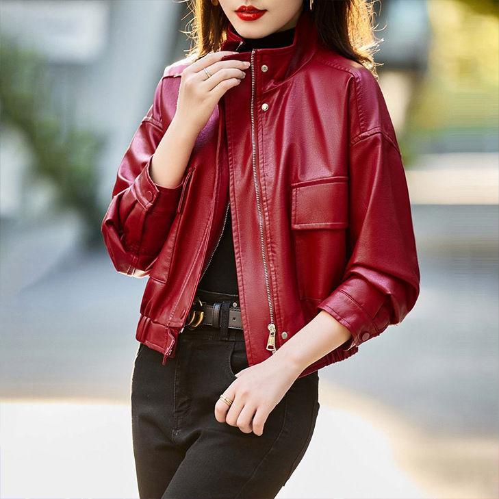 Red Short Soft Leather Jacket for Women Spring Autumn Loose Fit Casual Coat Petite Size