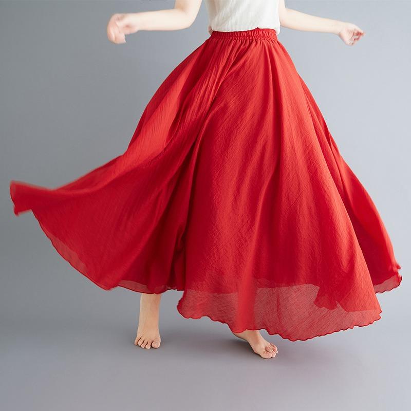 Long A-line Skirt In Cotton and Linen with Elastic Waist In Pure Color for Summer and Autumn