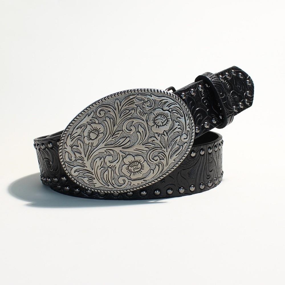 New Leather Heart-Shaped Belt Engraved Buckle Rivet Wide Waistband Belt Metal Rose Dress Waistband Gothic